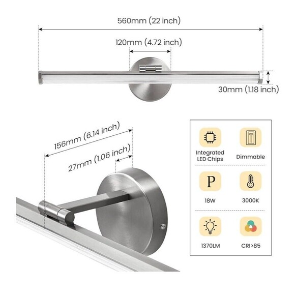 Modern Bathroom LED Light Fixture Over Mirror Vanity 22 Inch Brushed Nickel - Picture 3 of 10